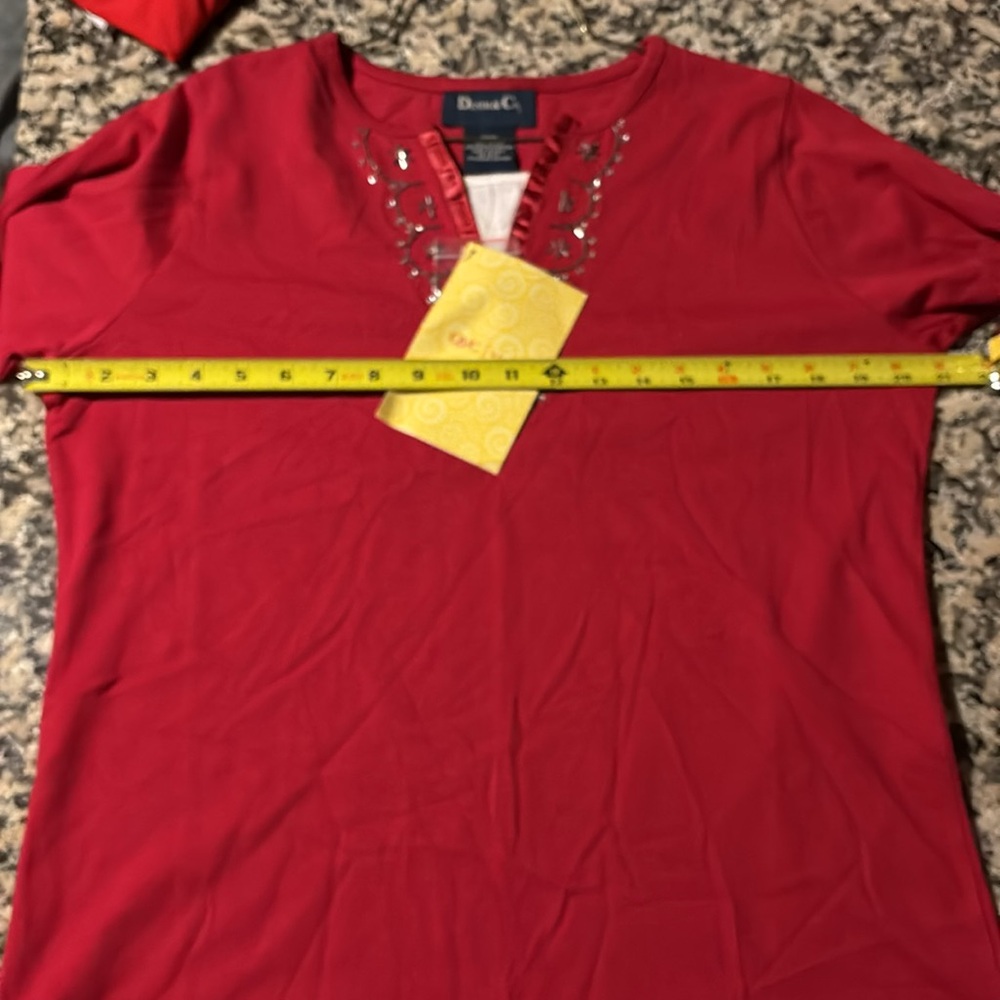NWT Denim&Co Beaded Red Blouse T-shirt material Sz M - Picture 9 of 11